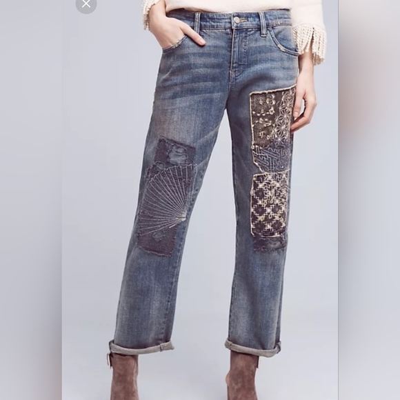 Pilcro and the Letterpress Sashiko Jeans Hyphen Patchwork 28 Slim Midrise - Picture 1 of 10
